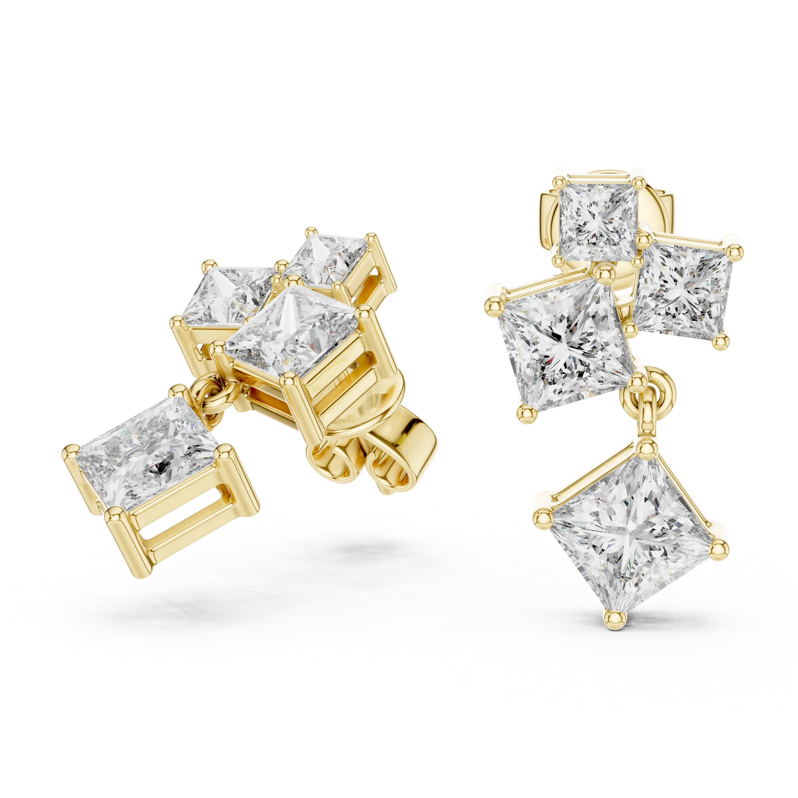 Pair Shot: Princess Diamond Earrings with Halo Setting in 14k Yellow Gold - Lab Grown - Driona Jewels