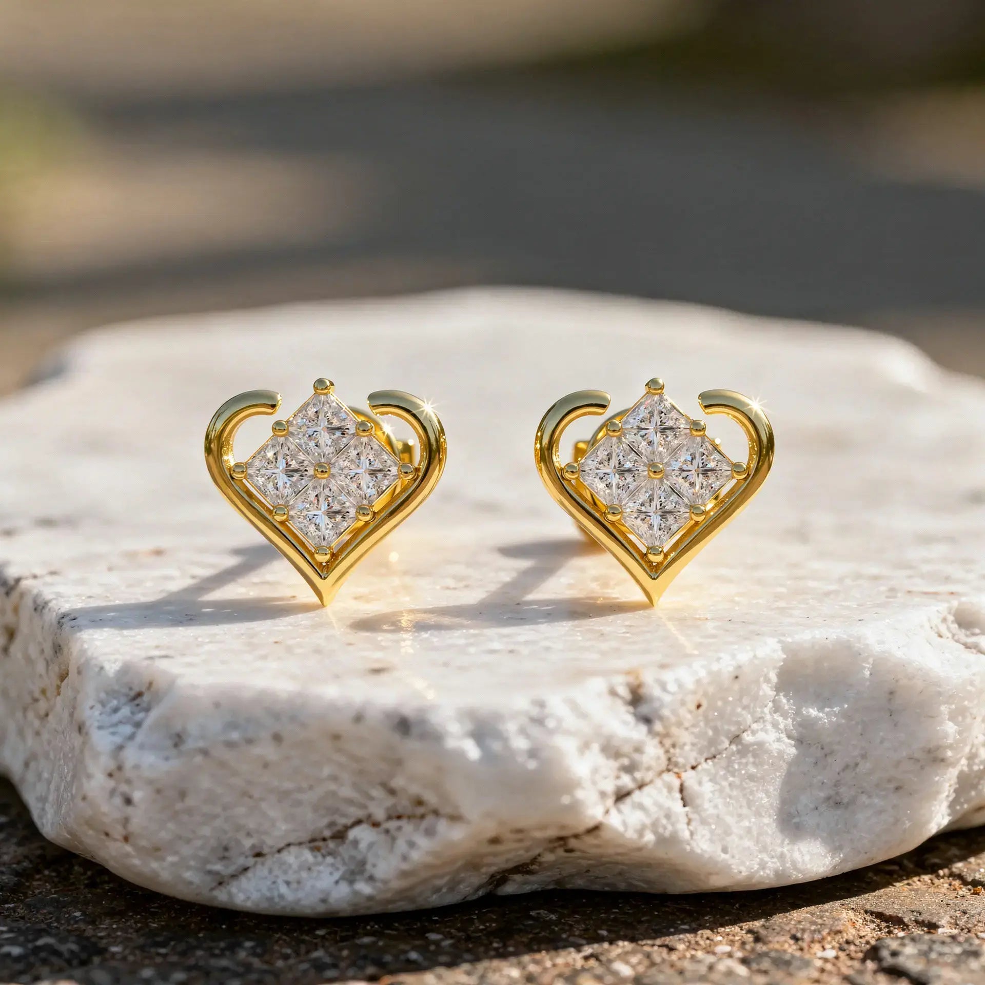 Pair-Shot: Princess Diamond Earrings with Heart Setting in 14k Yellow Gold - Lab Grown - Driona Jewels