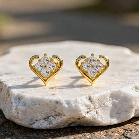 Pair-Shot: Princess Diamond Earrings with Heart Setting in 14k Yellow Gold - Lab Grown - Driona Jewels