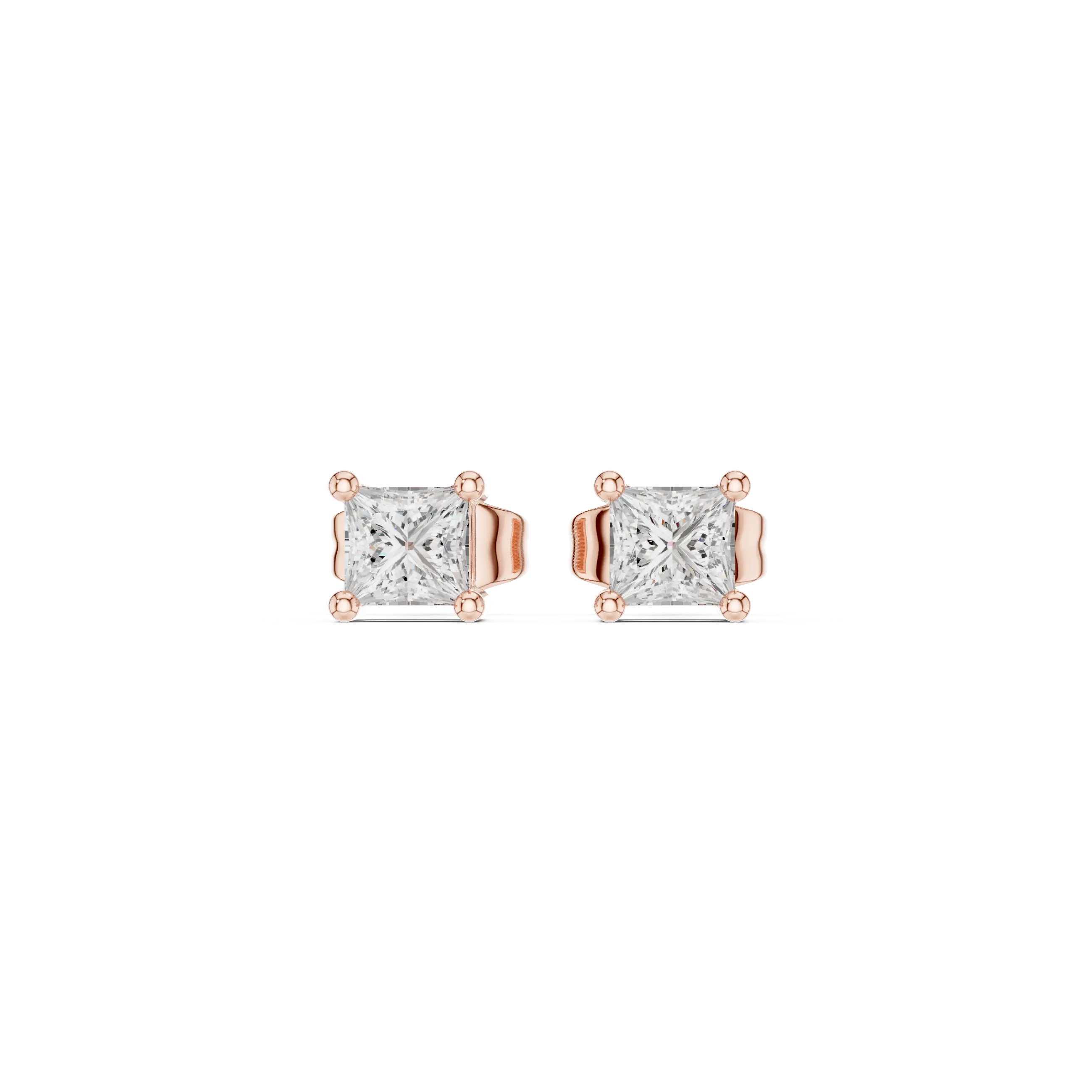 Pair Shot: Princess Diamond Studs with Prong Setting in 14k Rose Gold - Lab Grown - Driona Jewels