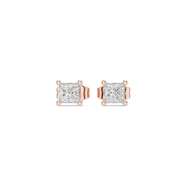 Pair Shot: Princess Diamond Studs with Prong Setting in 14k Rose Gold - Lab Grown - Driona Jewels