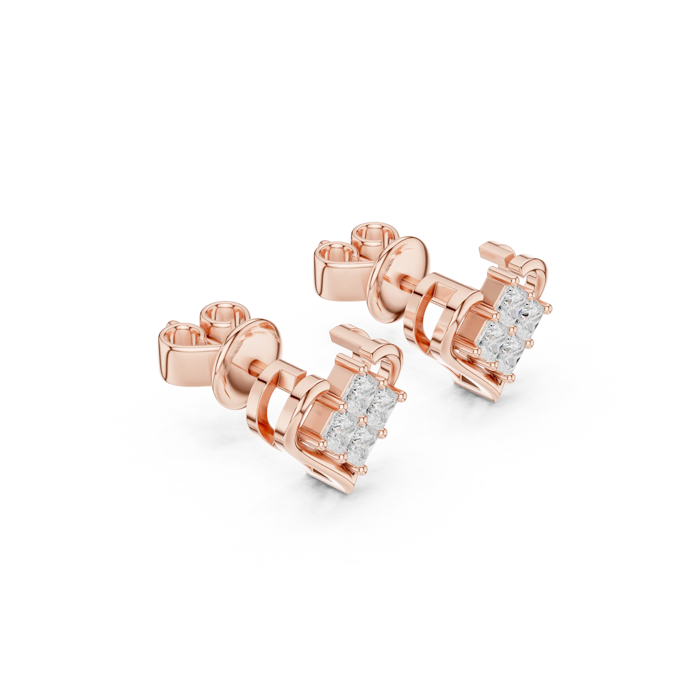 Pair Shot: Princess Diamond Earrings with Prong Setting in 14k Rose Gold - Lab Grown - Driona Jewels