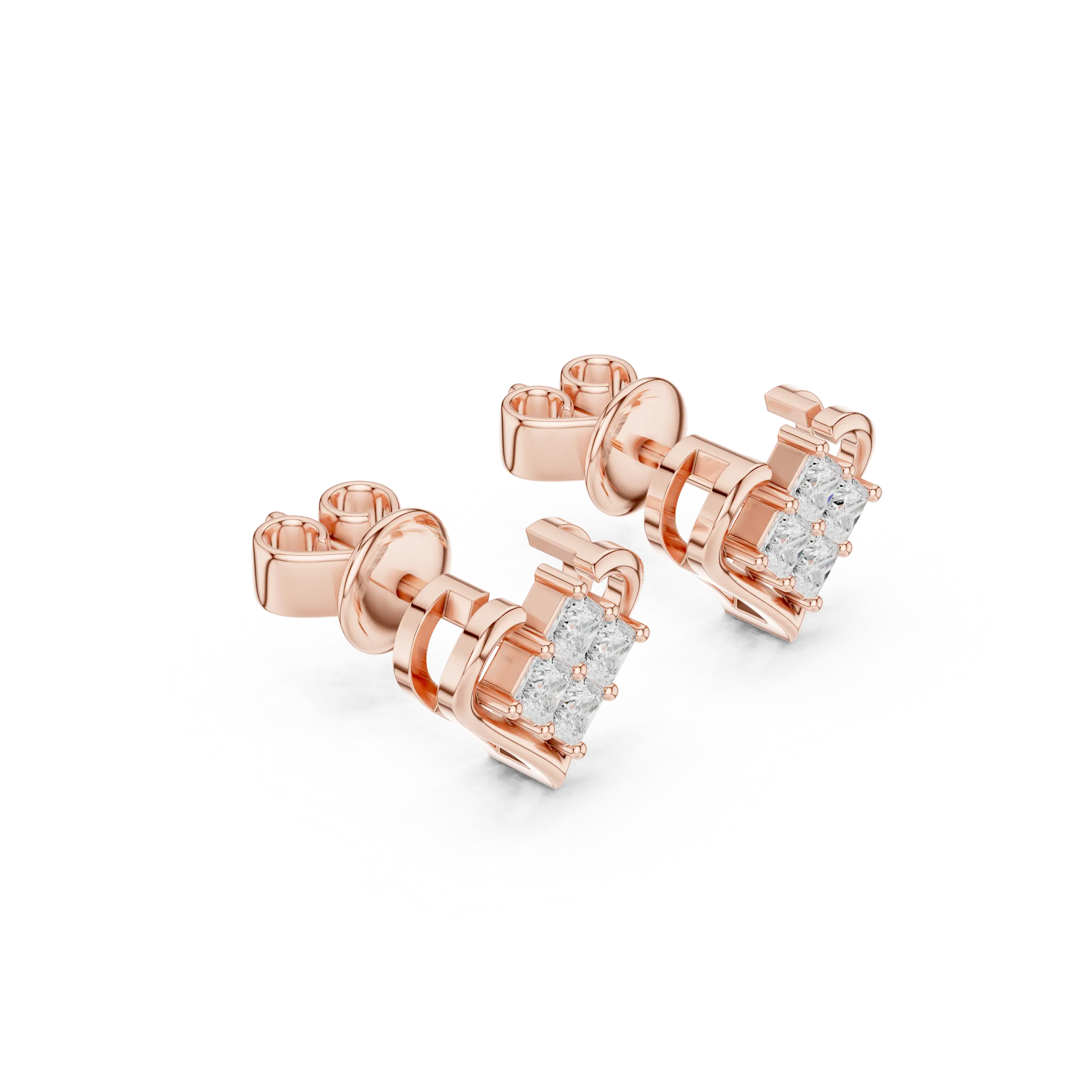 Pair Shot: Princess Diamond Earrings with Prong Setting in 14k Rose Gold - Lab Grown - Driona Jewels