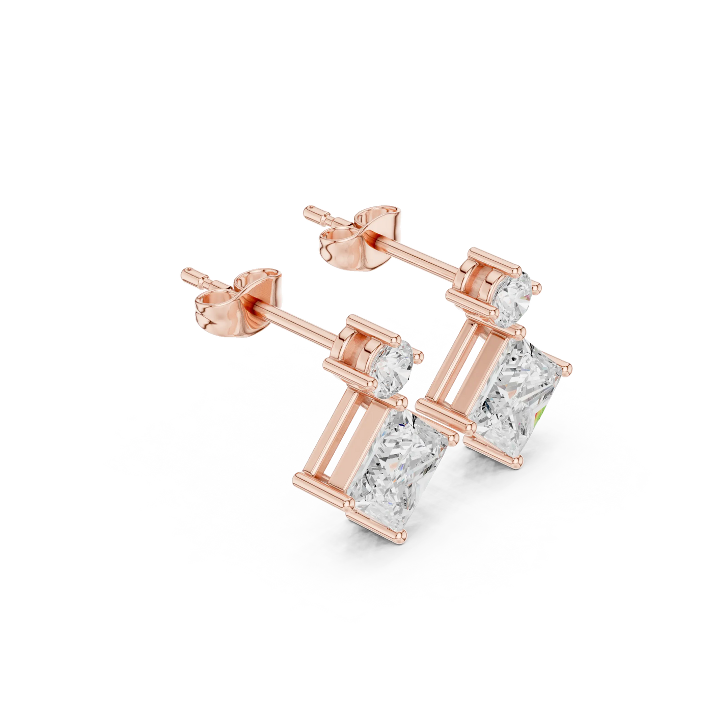 Pair Shot: Princess Diamond Earrings with Prong Setting in 14k Rose Gold - Lab Grown - Driona Jewels