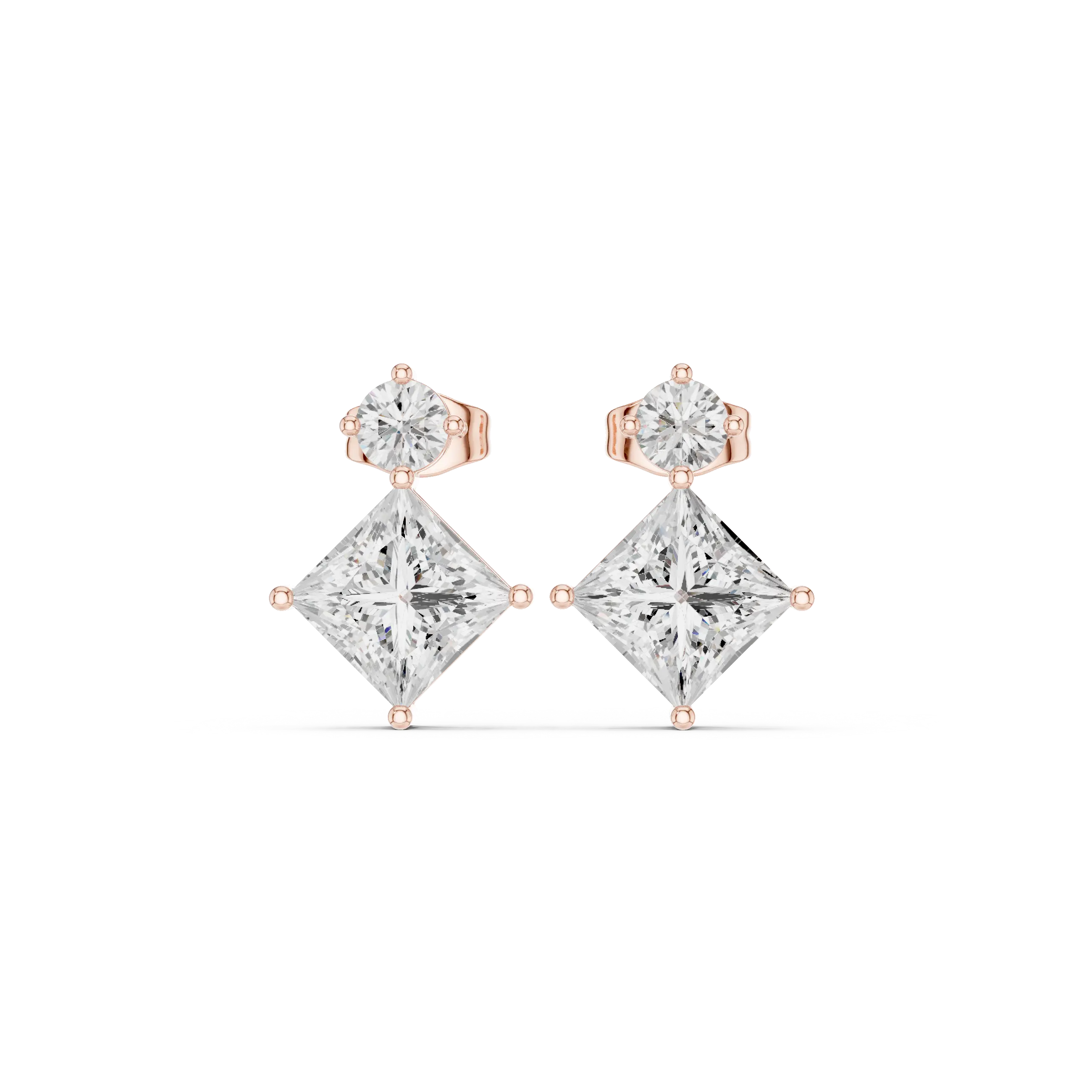 Pair Shot: Princess Diamond Earrings with Prong Setting in 14k Rose Gold - Lab Grown - Driona Jewels