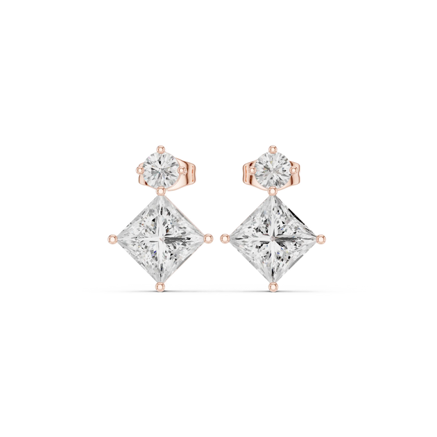 Pair Shot: Princess Diamond Earrings with Prong Setting in 14k Rose Gold - Lab Grown - Driona Jewels