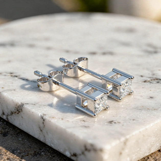Pair Shot: Princess Diamond Earrings with Prong Setting in 14k White Gold - Lab Grown - Driona Jewels