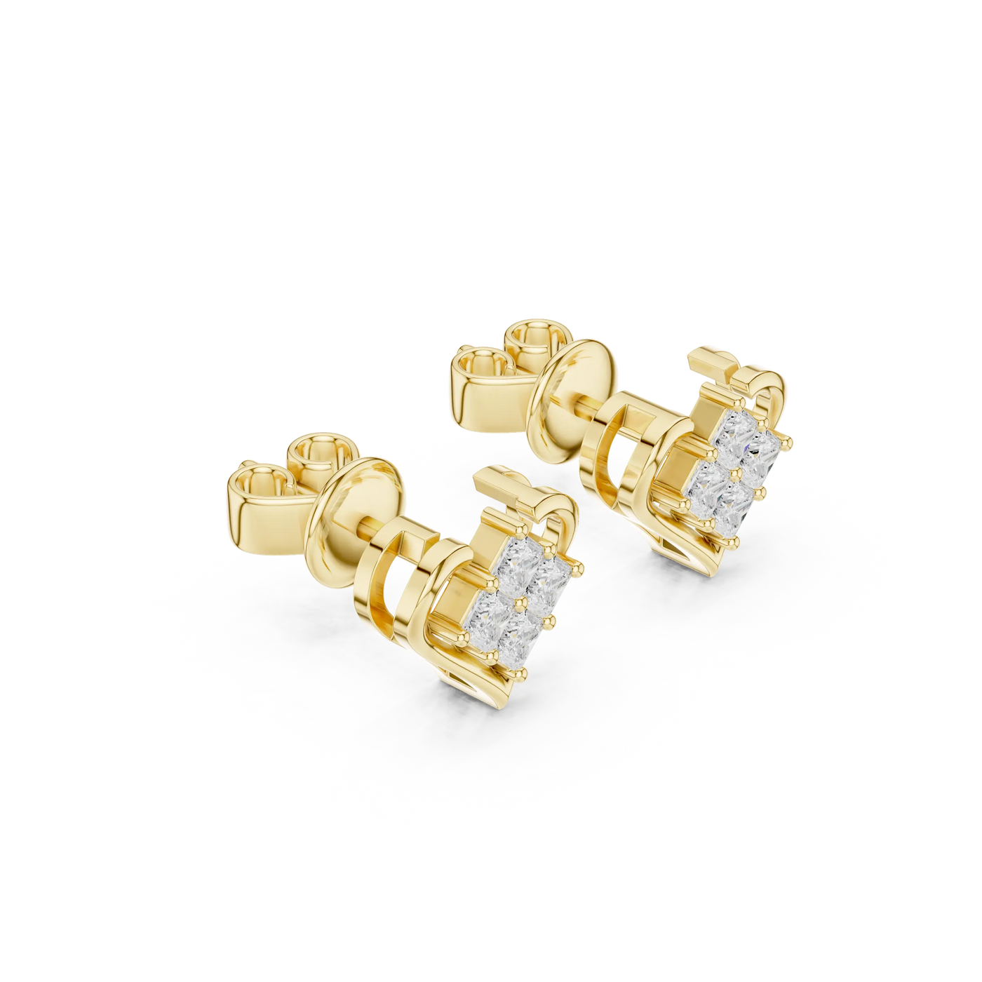 Pair Shot: Princess Diamond Studs with Prong Setting in 14k Yellow Gold - Lab Grown - Driona Jewels