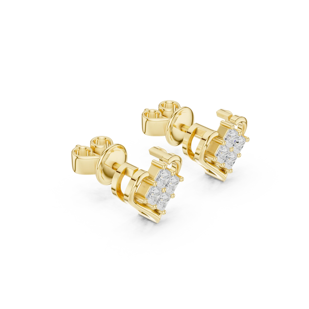 Pair Shot: Princess Diamond Studs with Prong Setting in 14k Yellow Gold - Lab Grown - Driona Jewels