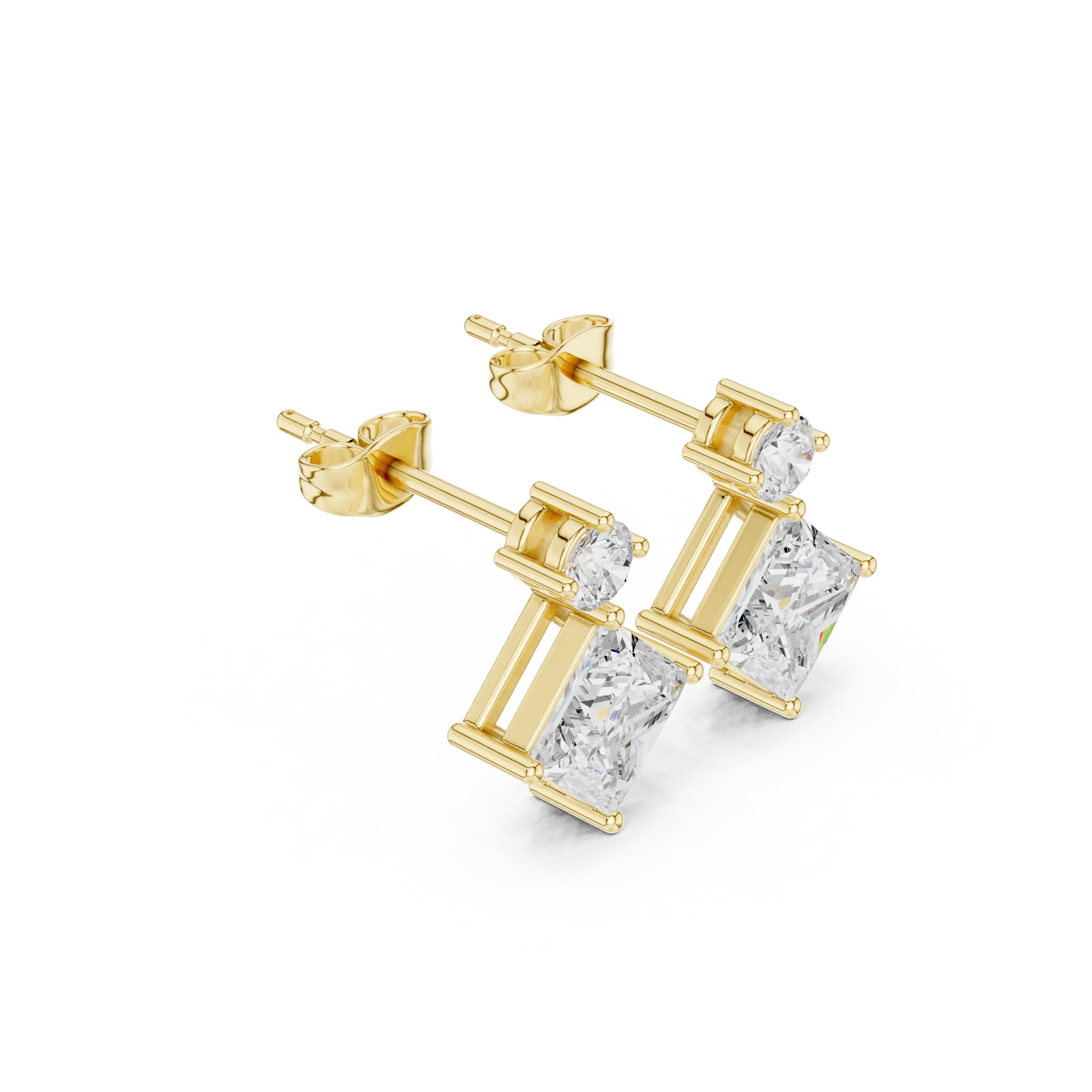 Pair-Shot: Princess Diamond Earrings with Prong Setting in 14k Yellow Gold - Lab Grown - Driona Jewels