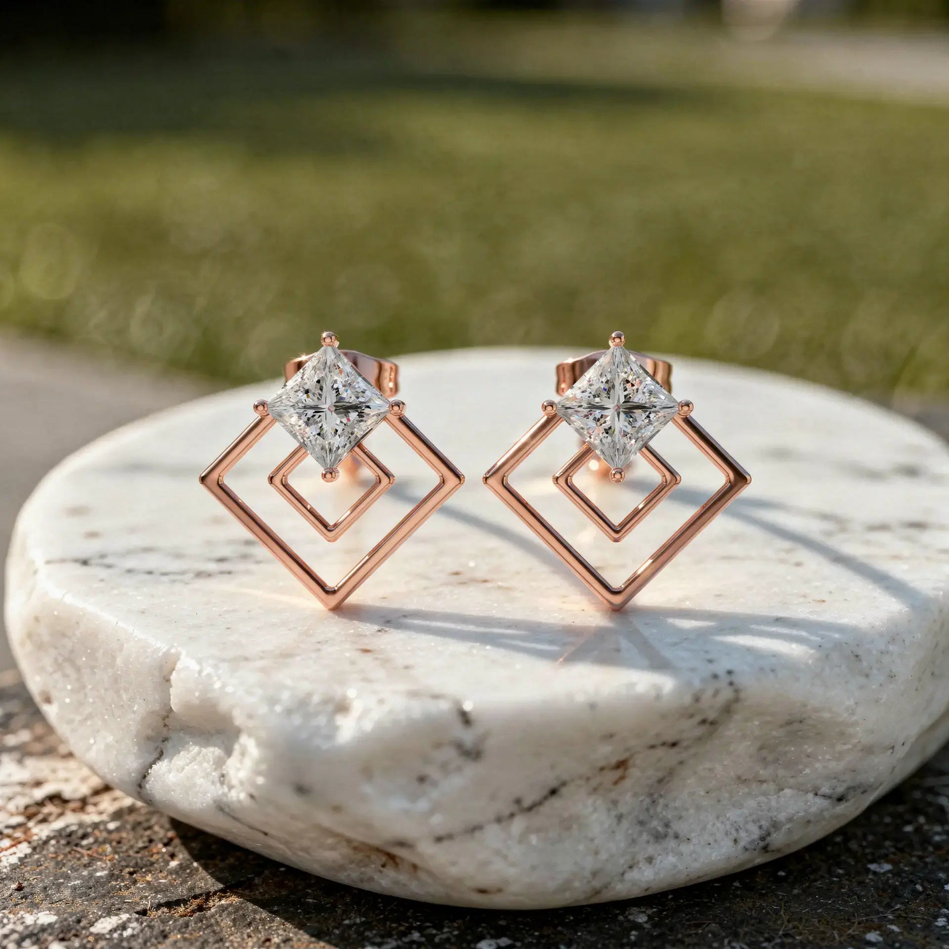 Pair Shot: Princess Diamond Earrings with Square Halo Setting in 14k Rose Gold - Lab Grown - Driona Jewels
