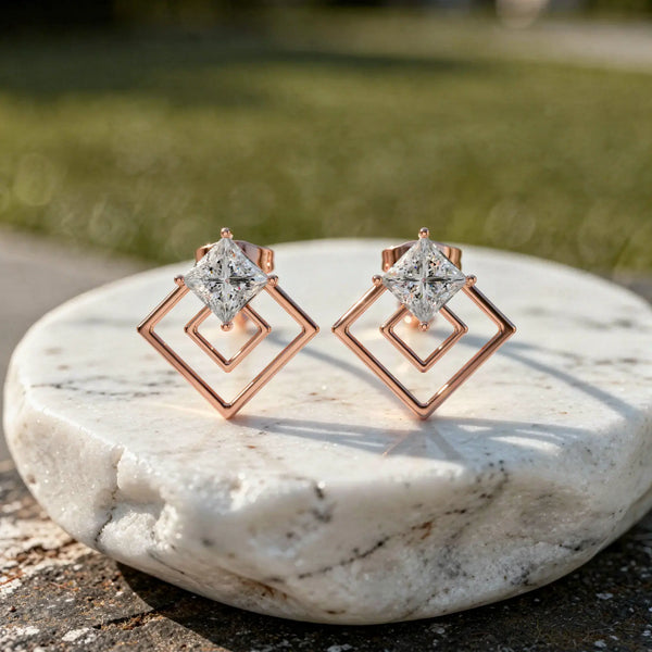 Pair Shot: Princess Diamond Earrings with Square Halo Setting in 14k Rose Gold - Lab Grown - Driona Jewels