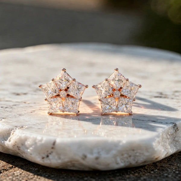 Pair Shot: Princess Cut Diamond Earrings with Star Cluster Setting in 14k Rose Gold - Lab Grown - Driona Jewels