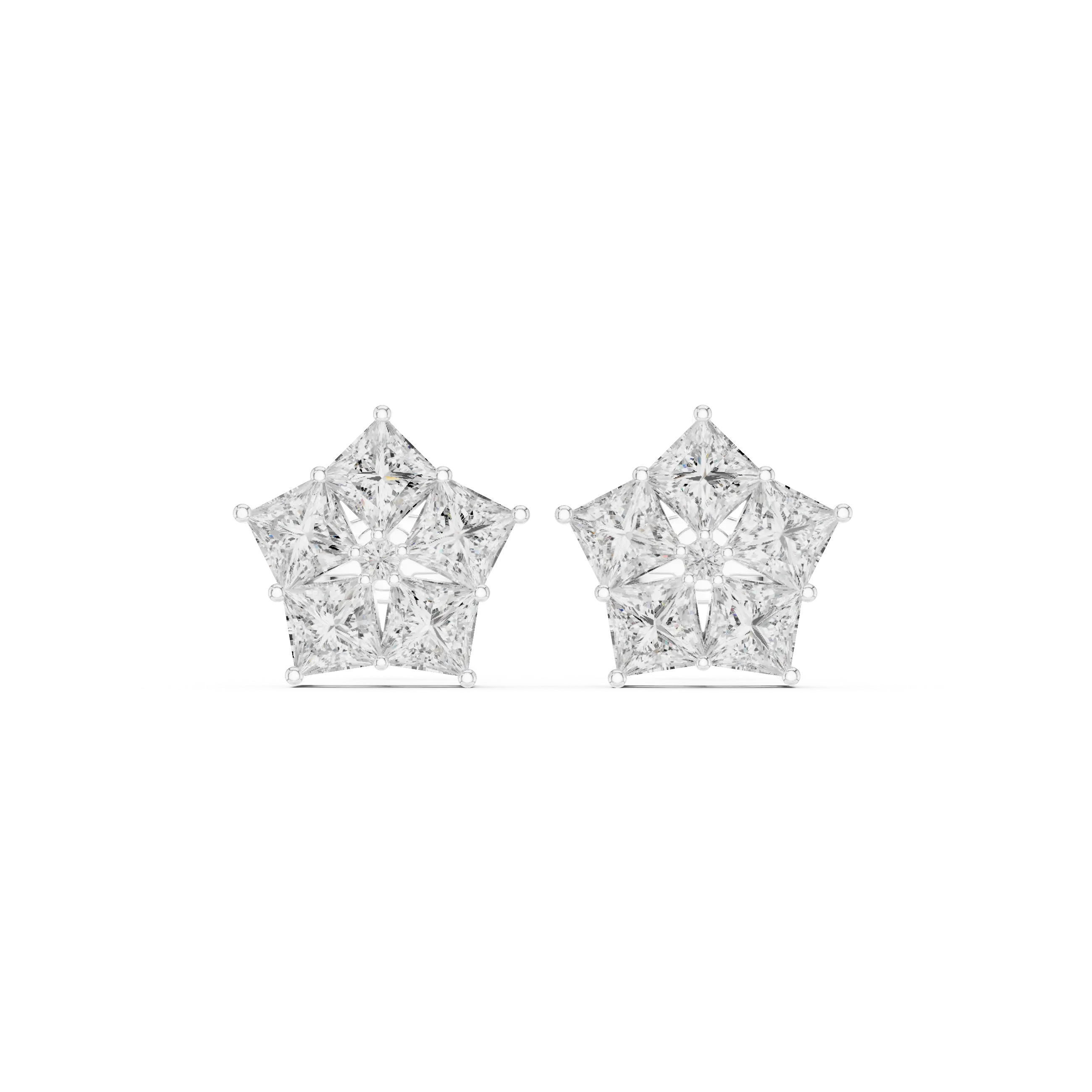 Pair-Shot: Princess Diamond Earrings with Star Setting in 14k White Gold - Lab Grown - Driona Jewels