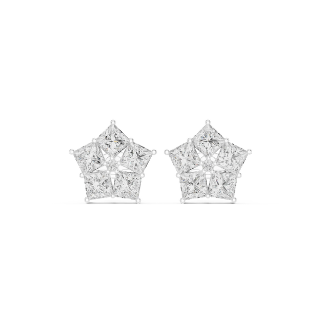 Pair-Shot: Princess Diamond Earrings with Star Setting in 14k White Gold - Lab Grown - Driona Jewels