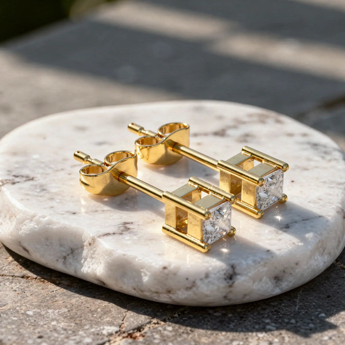 Pair Shot: Princess Diamond Earrings with Stud Setting in 14k Gold - Lab Grown - Driona Jewels