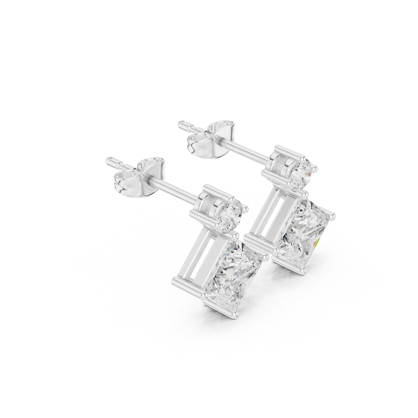 Three-quarter-view: Princess Cut Diamond Earrings with Stud Setting in 14k Gold - Lab Grown - Driona Jewels