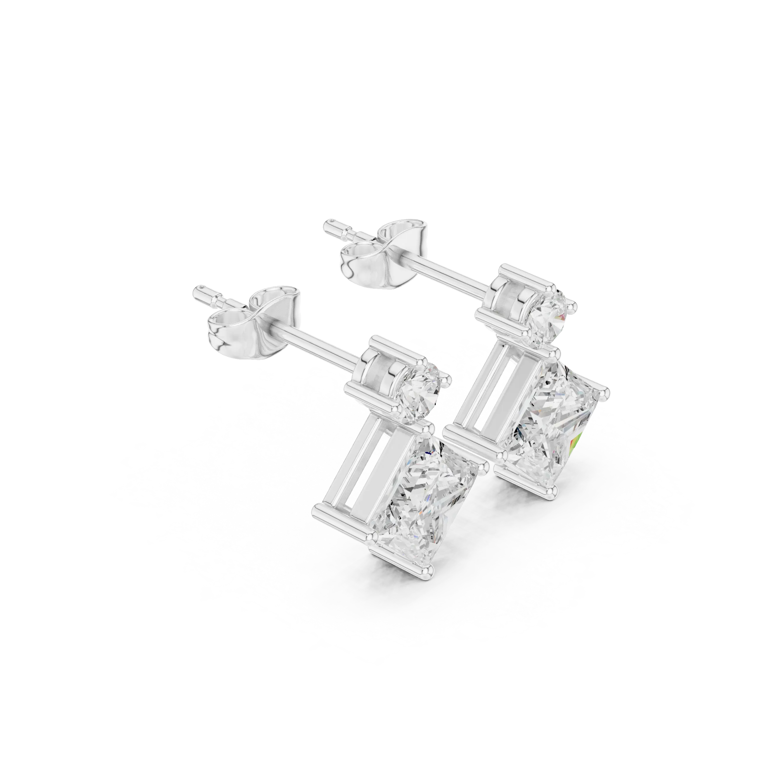 Three-quarter-view: Princess Cut Diamond Earrings with Stud Setting in 14k Gold - Lab Grown - Driona Jewels