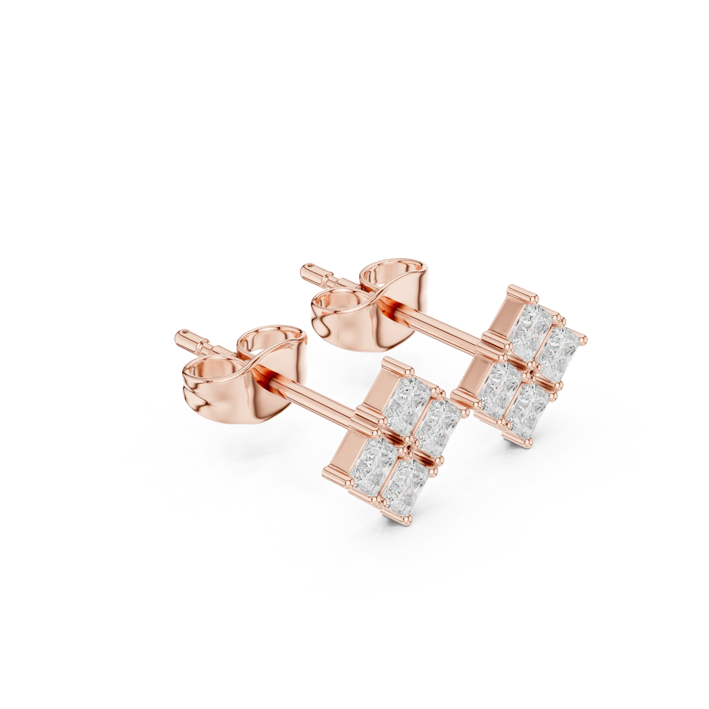 Pair-Shot: Princess Diamond Earrings with Stud Setting in 14k Rose Gold - Lab Grown - Driona Jewels