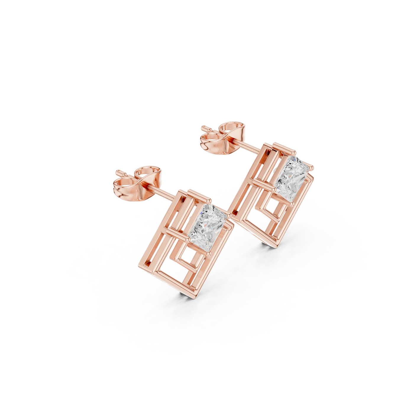 Pair-Shot: Princess Diamond Earrings with Stud Setting in 14k Rose Gold - Lab Grown - Driona Jewels