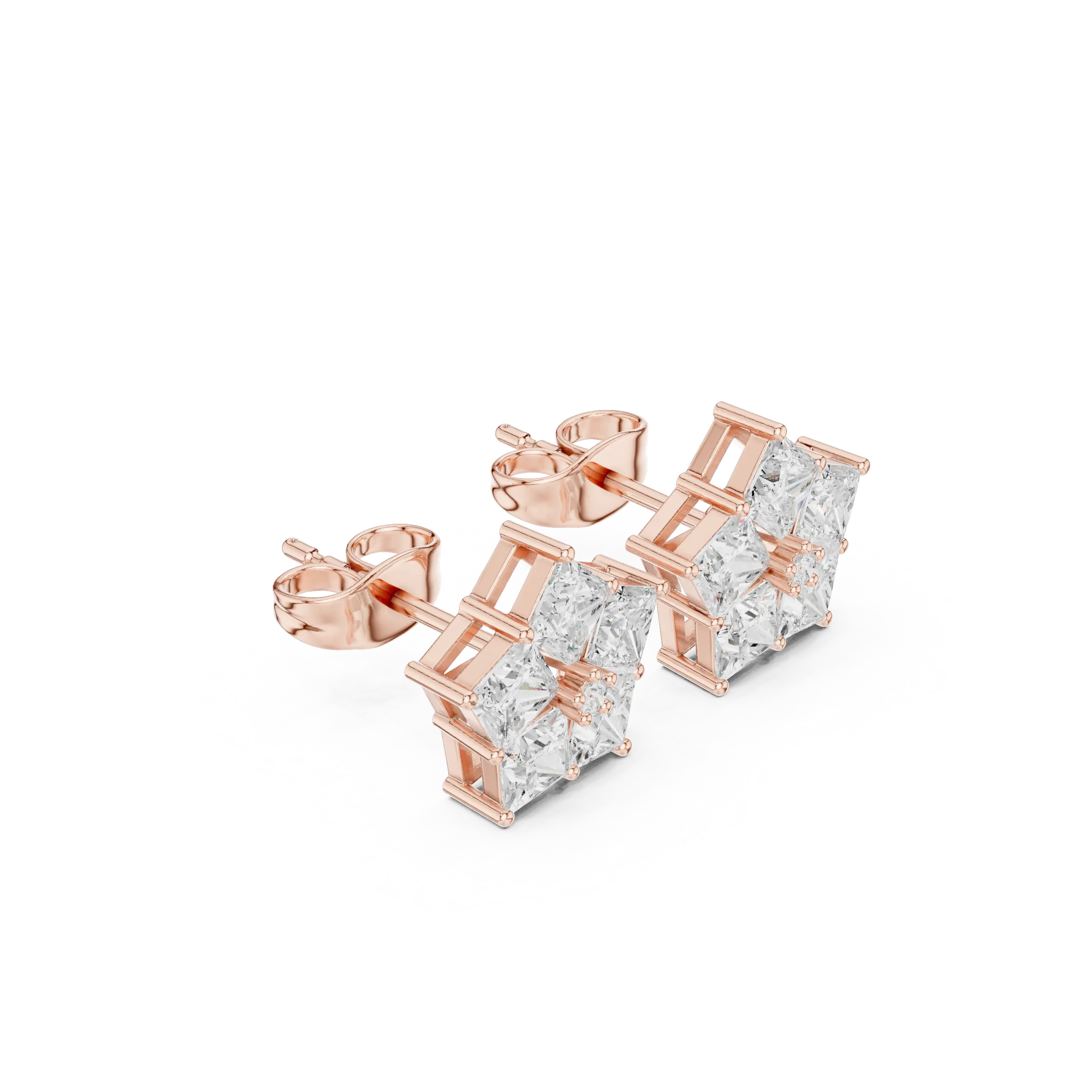 Pair-Shot: Princess Diamond Earrings with Stud Setting in 14k Rose Gold - Lab Grown - Driona Jewels