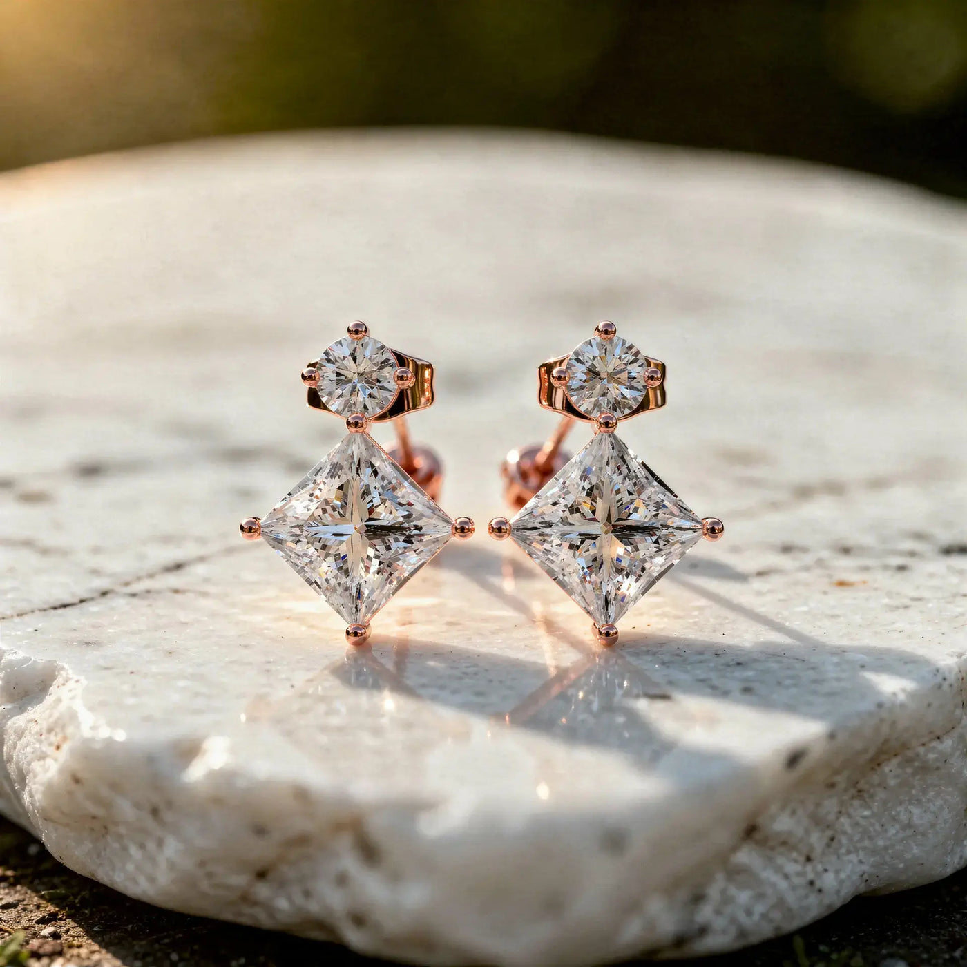 Pair Shot: Princess Diamond Earrings with Stud Setting in 14k Rose Gold - Lab Grown - Driona Jewels