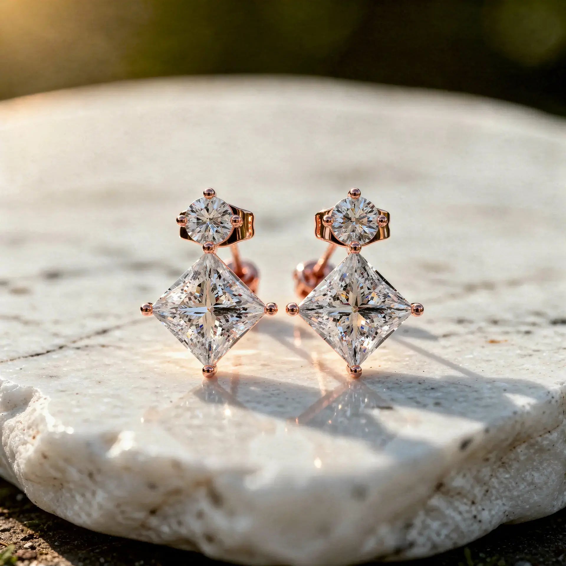 Pair Shot: Princess Diamond Earrings with Stud Setting in 14k Rose Gold - Lab Grown - Driona Jewels