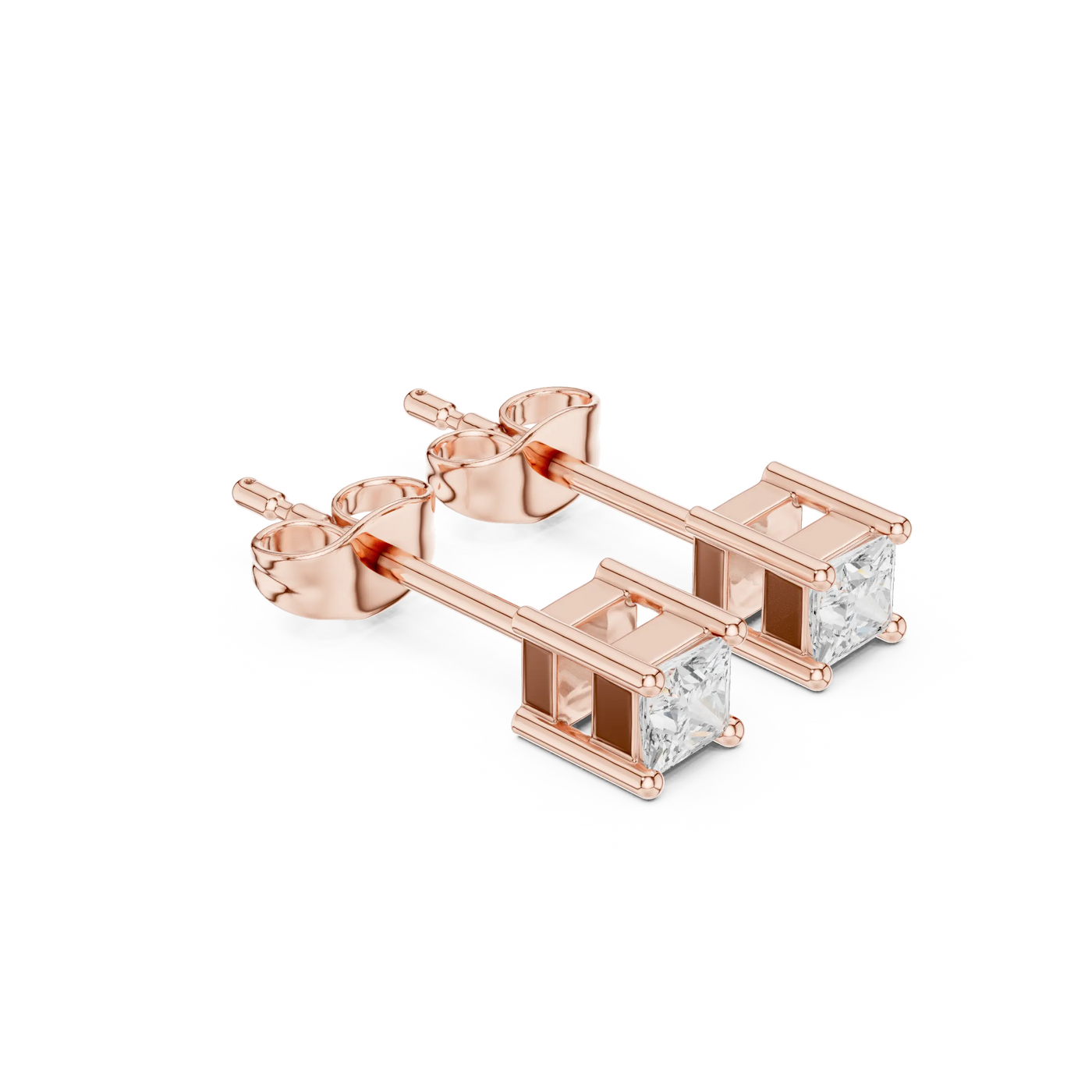 Pair-Shot: Princess Diamond Earrings with Stud Setting in 14k Rose Gold - Lab Grown - Driona Jewels