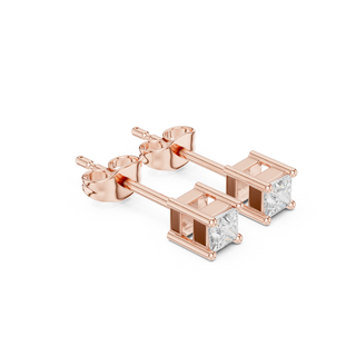 Pair-Shot: Princess Diamond Earrings with Stud Setting in 14k Rose Gold - Lab Grown - Driona Jewels