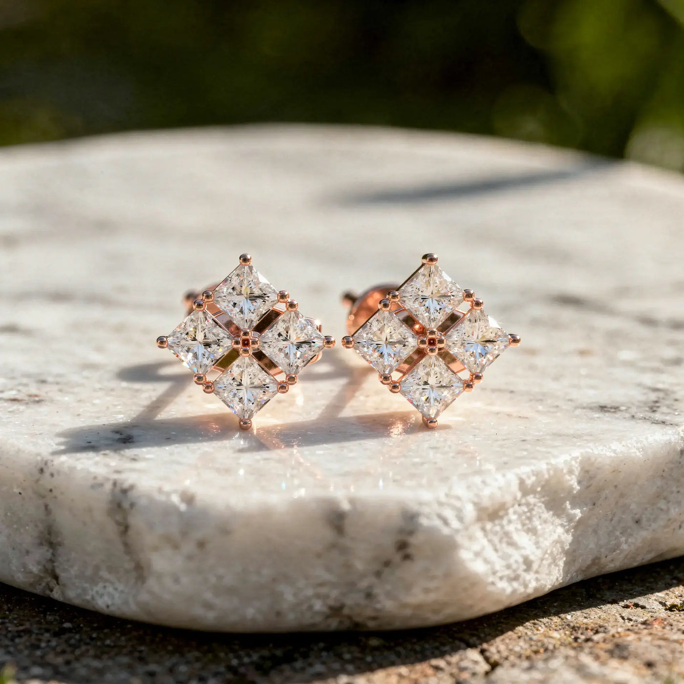 Pair Shot: Princess Diamond Earrings with Stud Setting in 14k Rose Gold - Lab Grown - Driona Jewels
