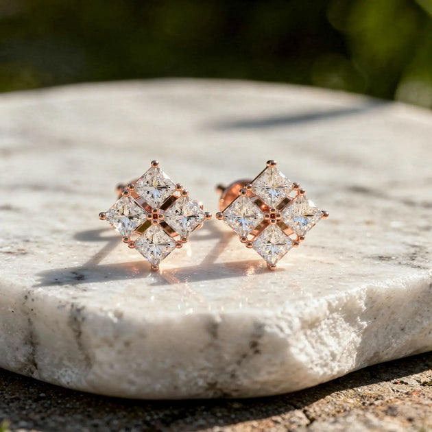 Pair Shot: Princess Diamond Earrings with Stud Setting in 14k Rose Gold - Lab Grown - Driona Jewels