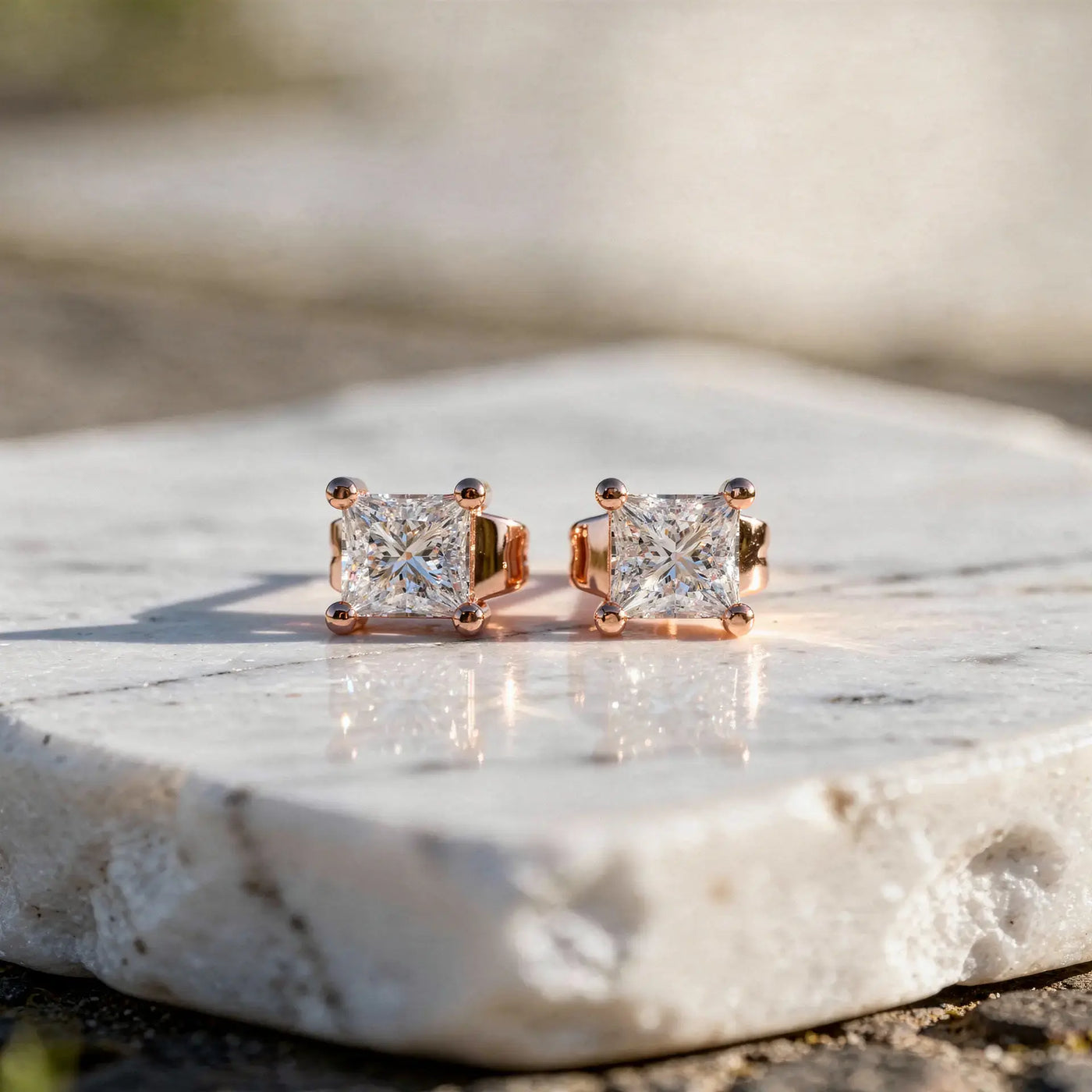 Pair Shot: Princess Diamond Earrings with Stud Setting in 14k Rose Gold - Lab Grown - Driona Jewels
