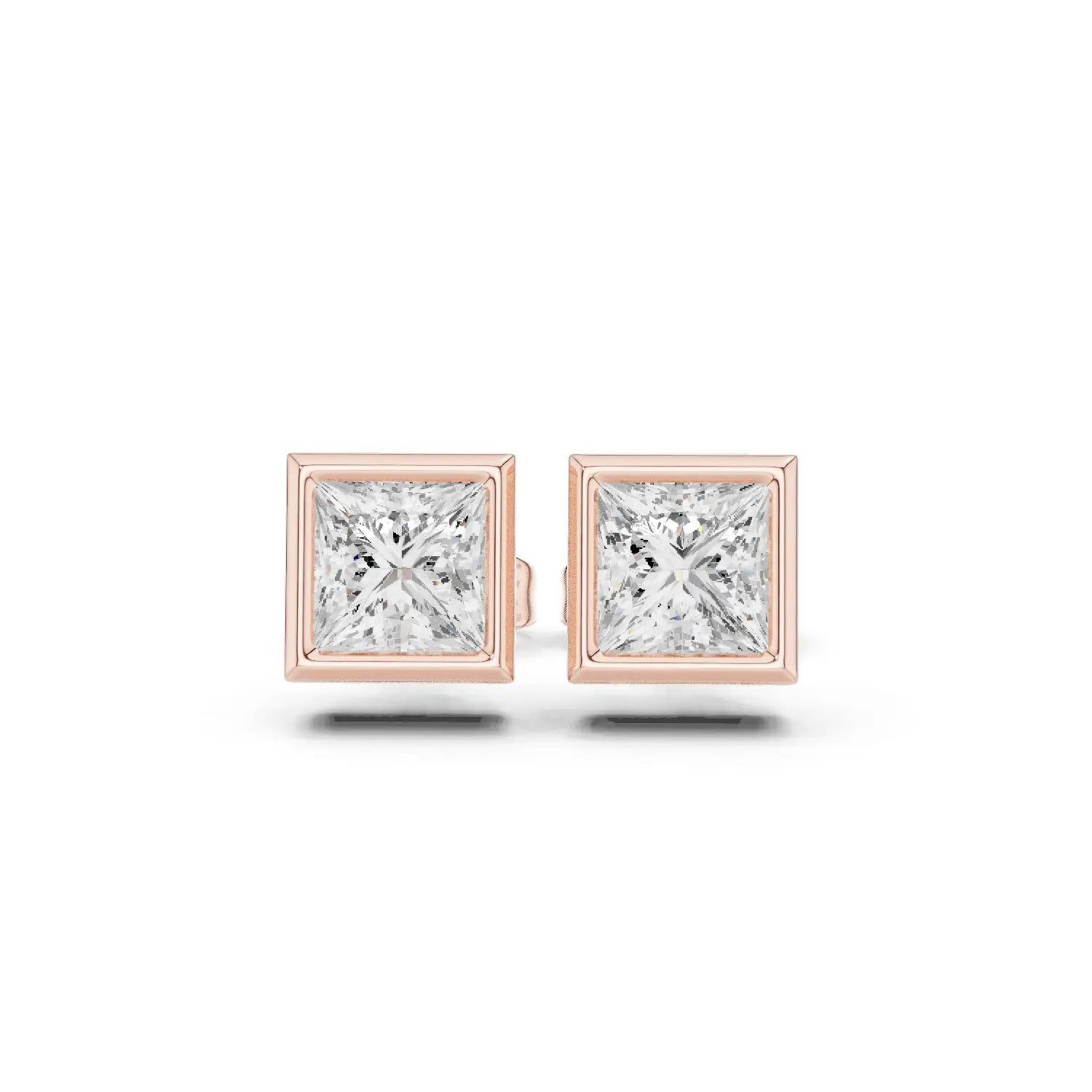 Pair-Shot: Princess Diamond Earrings with Stud Setting in 14k Rose Gold - Lab Grown - Driona Jewels