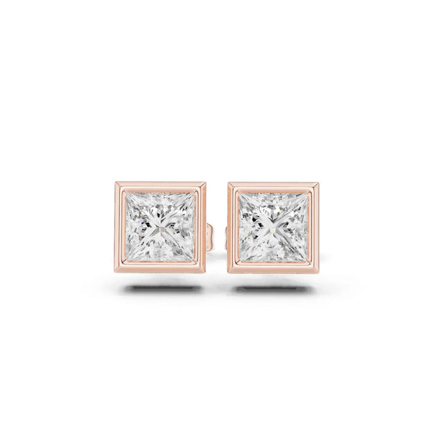 Pair-Shot: Princess Diamond Earrings with Stud Setting in 14k Rose Gold - Lab Grown - Driona Jewels