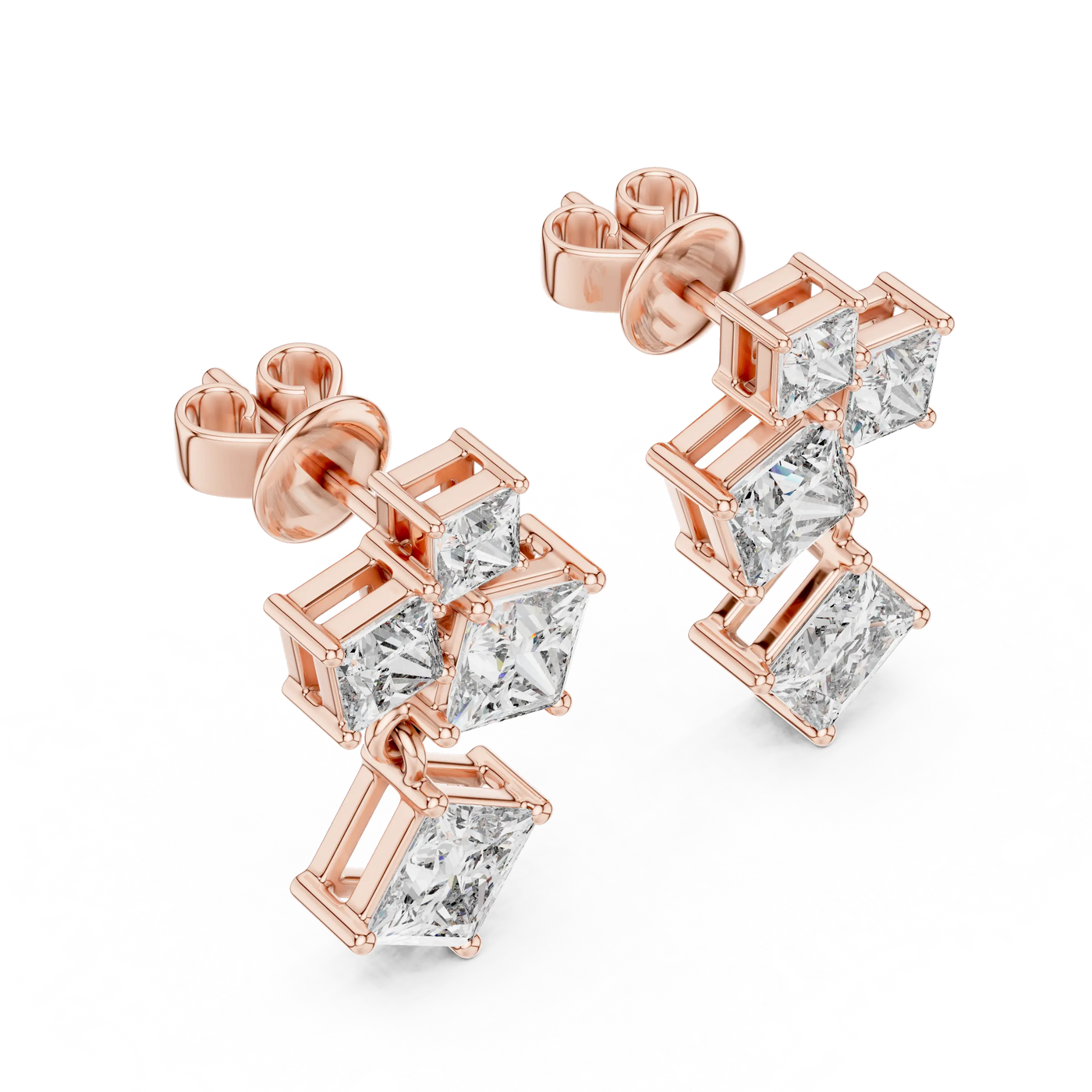 Pair-Shot: Princess Diamond Earrings with Stud Setting in 14k Rose Gold - Lab Grown - Driona Jewels