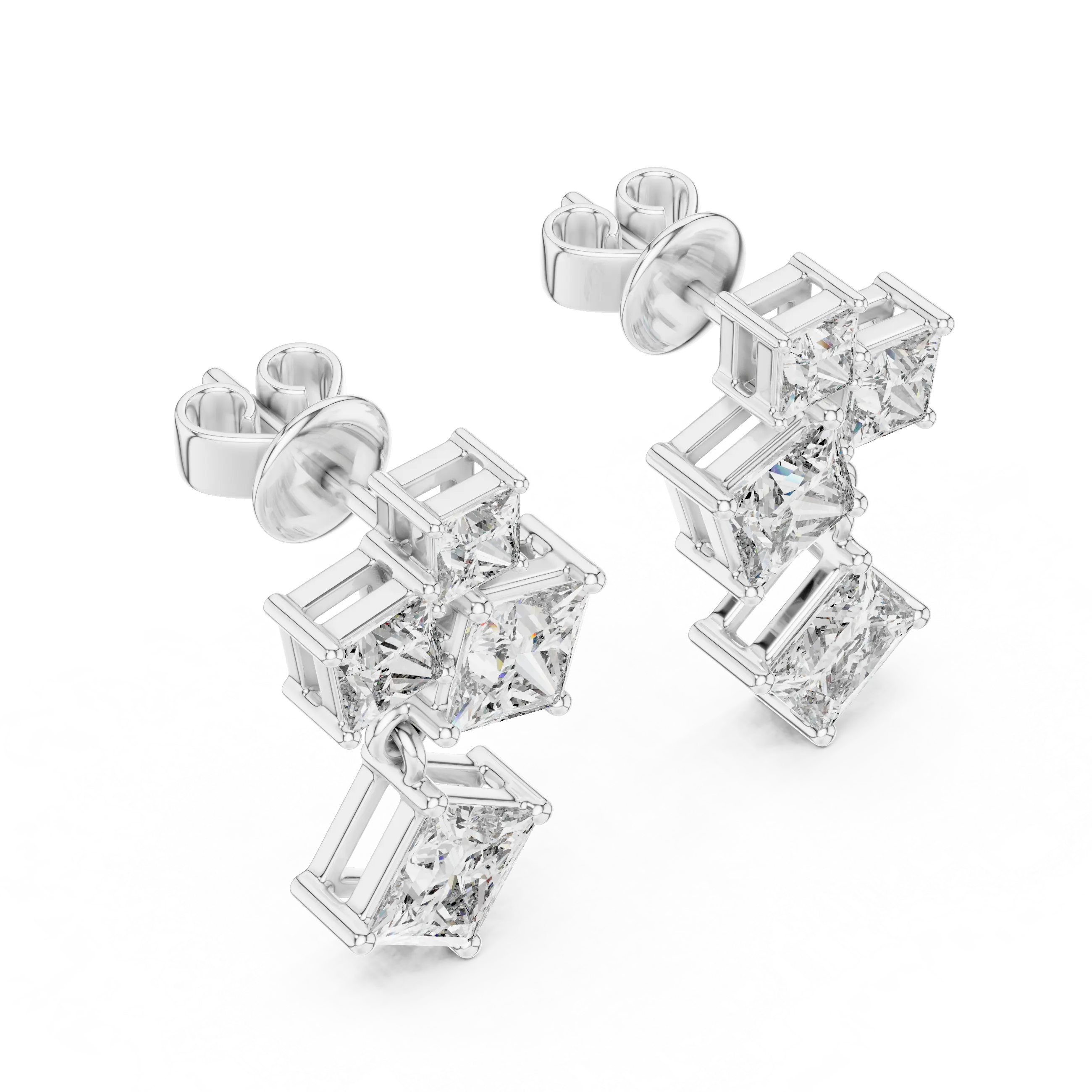 Pair-shot: Princess Diamond Earrings with Stud Setting in 14k White Gold - Lab Grown - Driona Jewels