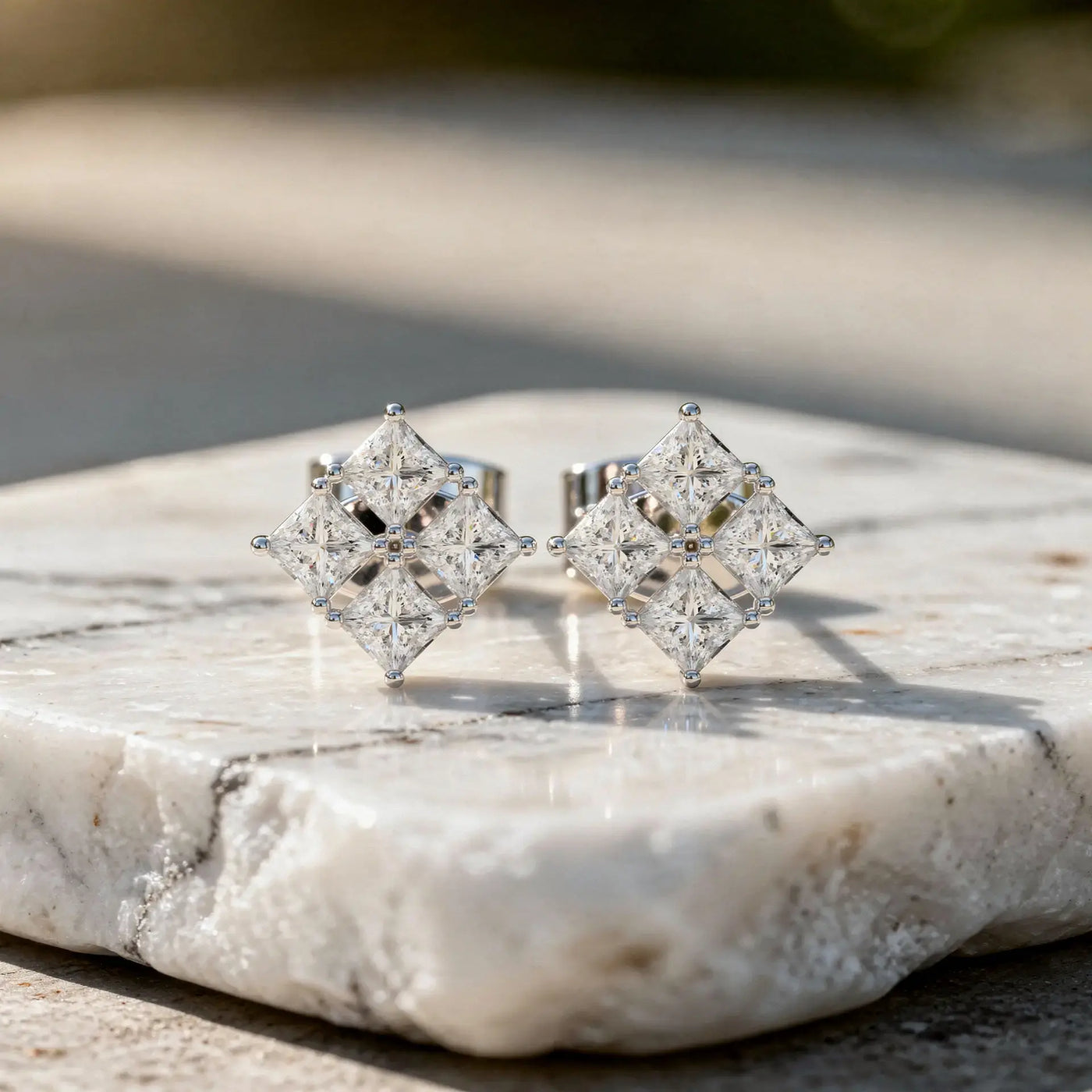Pair-Shot: Princess Diamond Earrings with Stud Setting in 14k White Gold - Lab Grown - Driona Jewels
