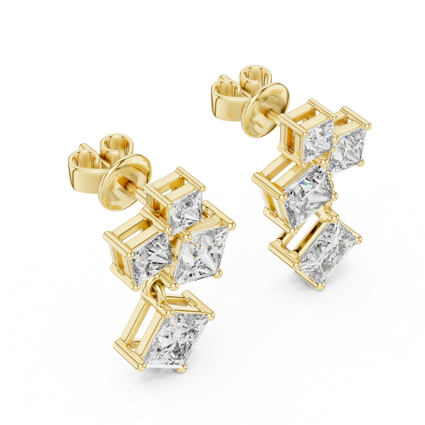 Pair-Shot: Princess Diamond Earrings with Stud Setting in 14k Yellow Gold - Lab Grown - Driona Jewels