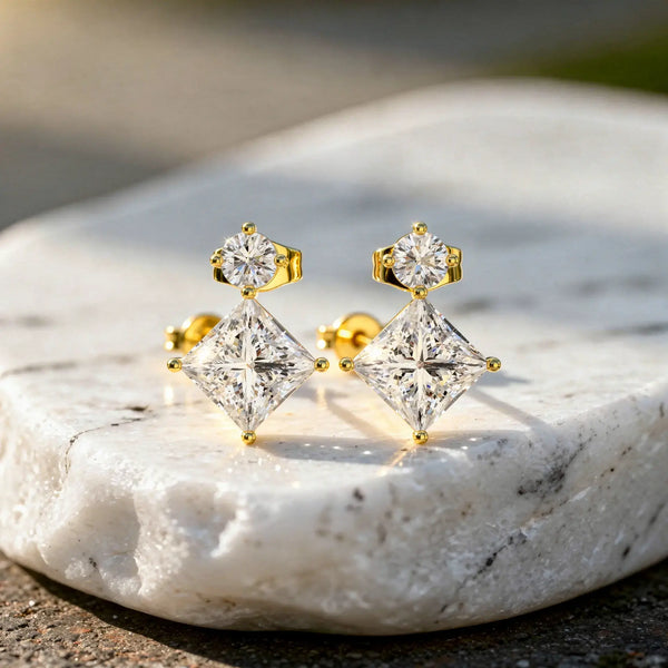 Pair Shot: Princess Diamond Earrings with Stud Setting in 14k Yellow Gold - Lab Grown - Driona Jewels