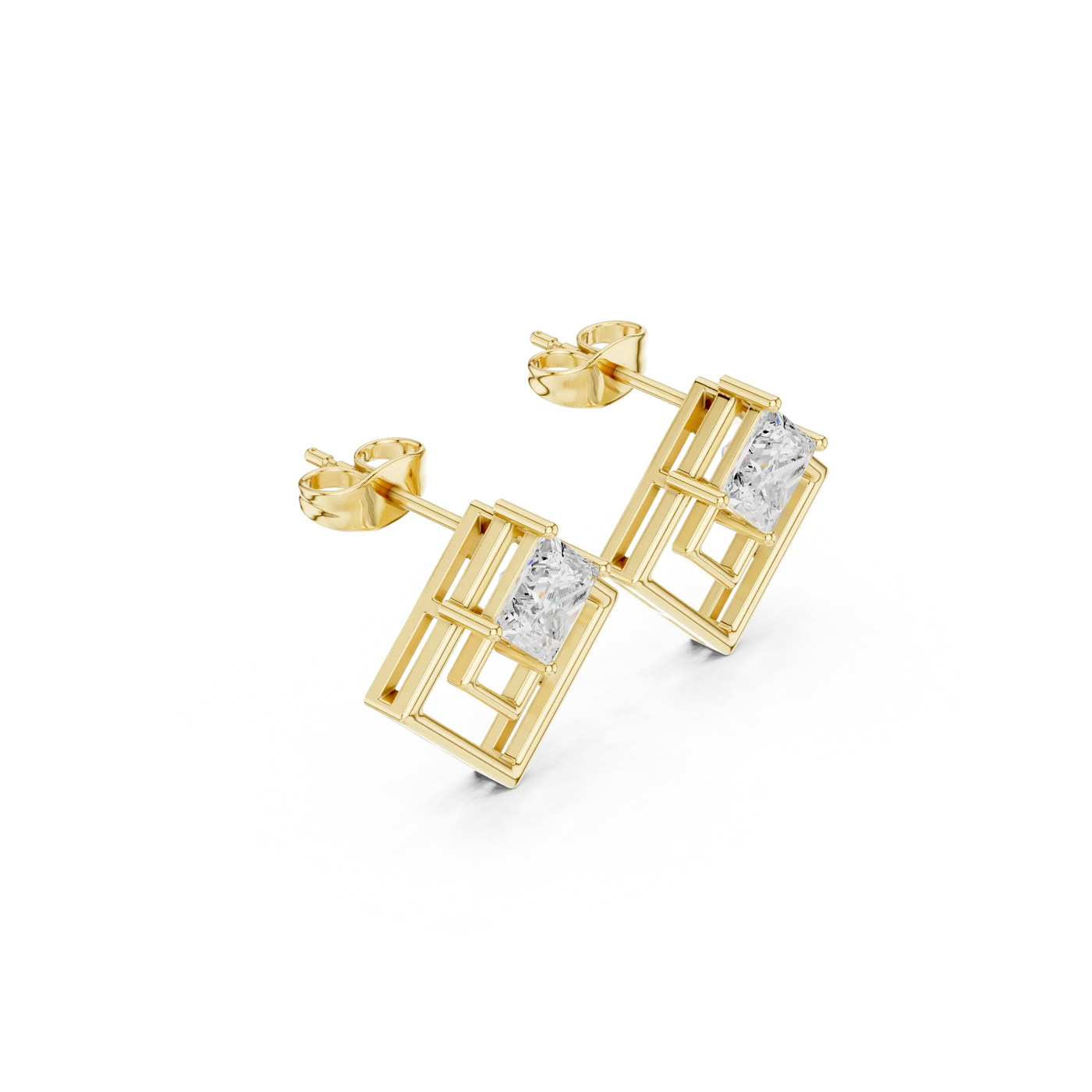 Pair Shot: Princess Diamond Earrings with Stud Setting in 14k Yellow Gold - Lab Grown - Driona Jewels
