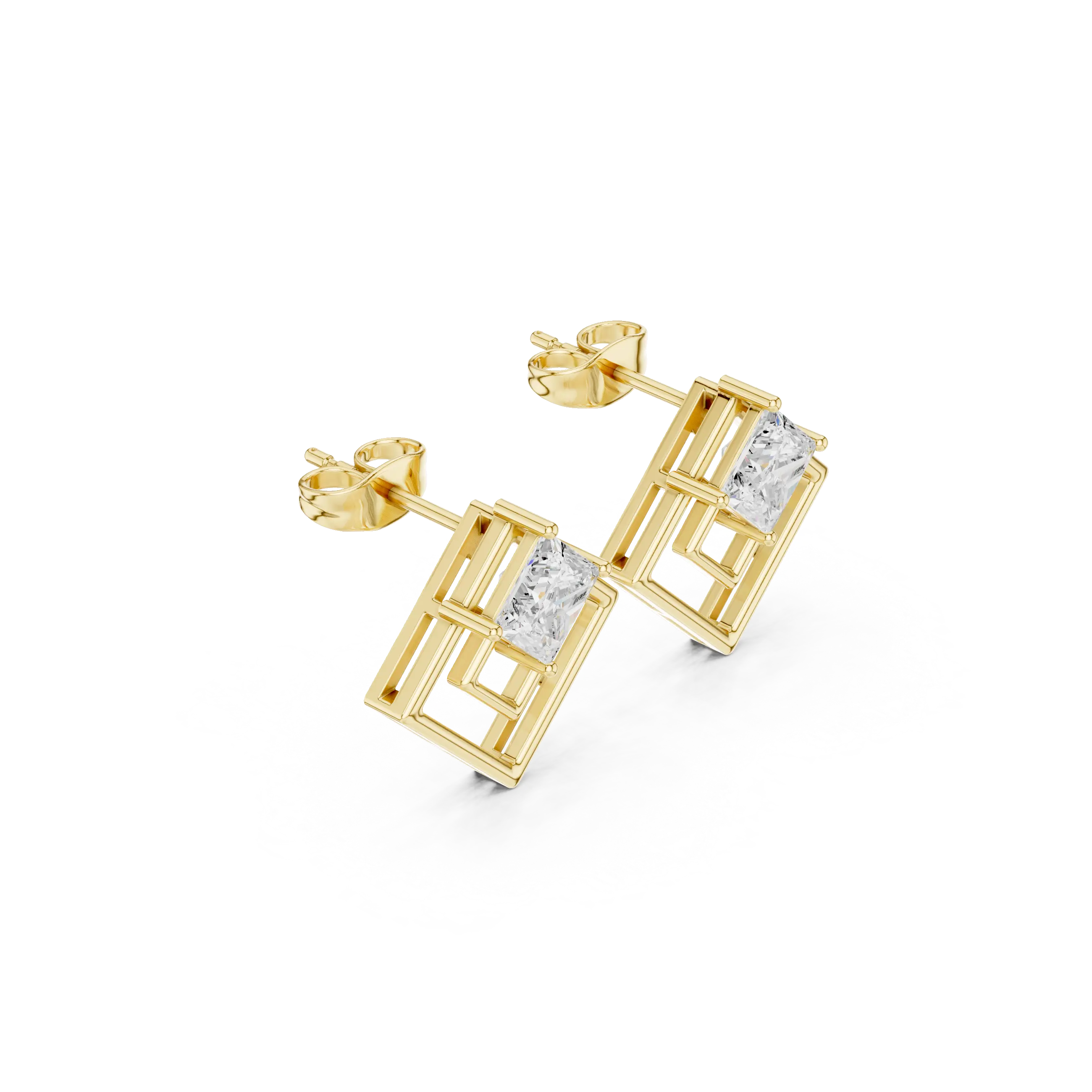 Pair Shot: Princess Diamond Earrings with Stud Setting in 14k Yellow Gold - Lab Grown - Driona Jewels