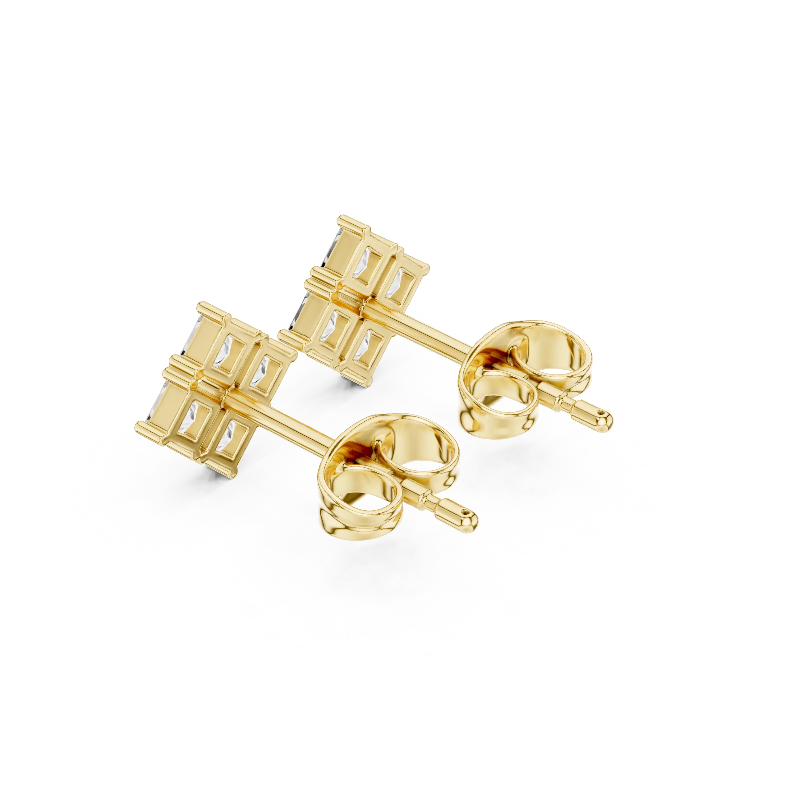Pair-Shot: Princess Cut Diamond Earrings with Stud Setting in 14k Yellow Gold - Lab Grown - Driona Jewels