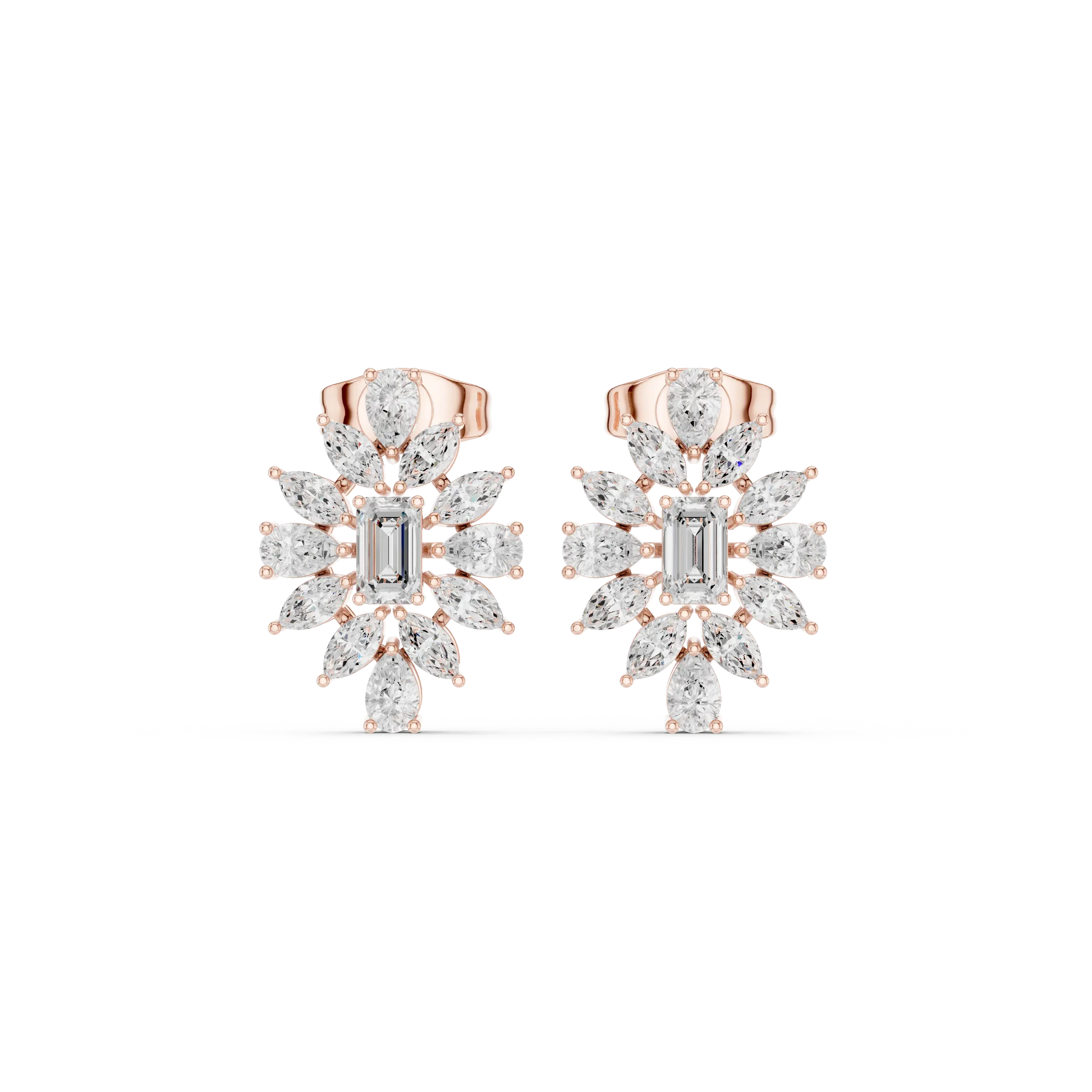 Pair Shot: Radiant Diamond Earrings with Halo Setting in 14k Rose Gold - Lab Grown - Driona Jewels