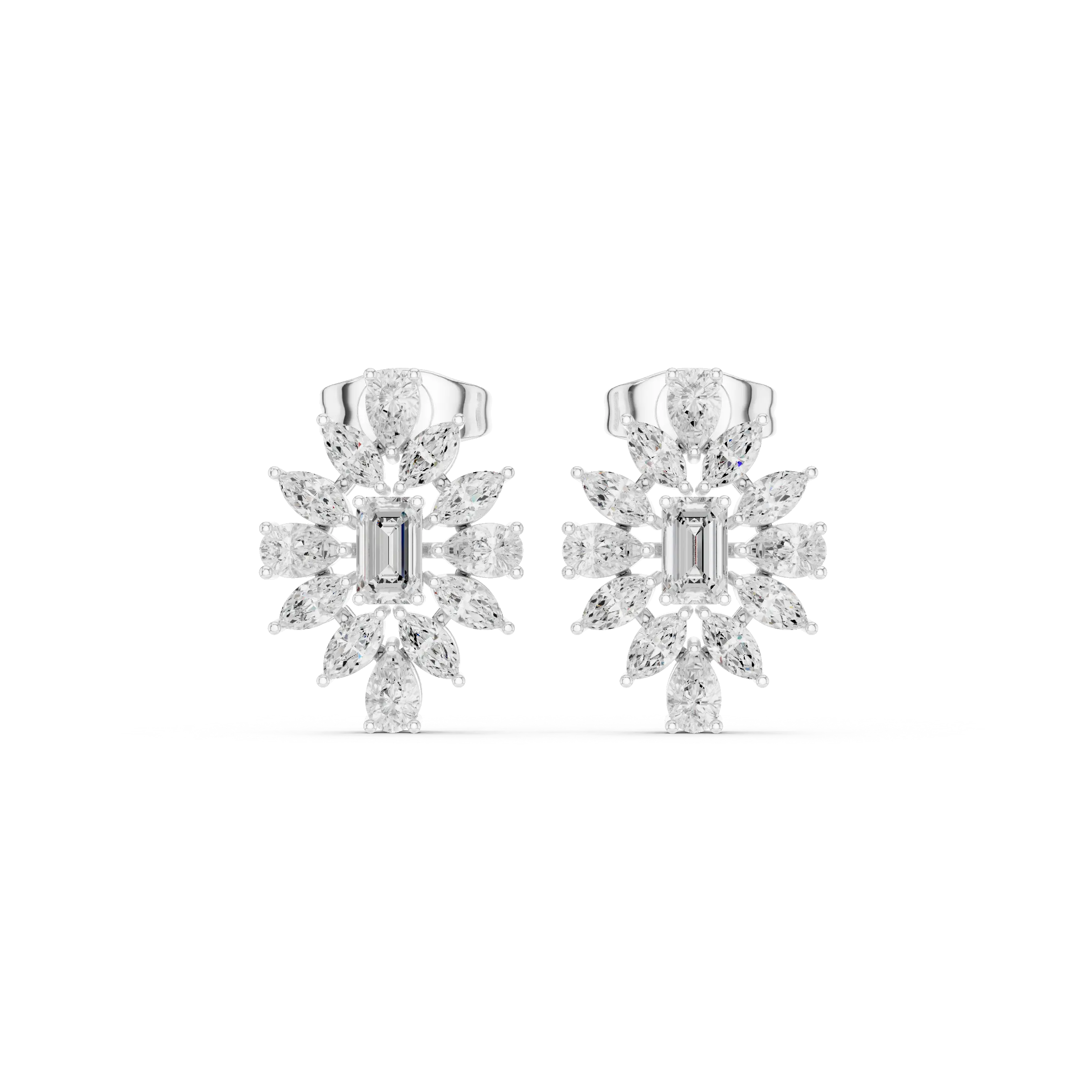 Pair Shot: Radiant Diamond Earrings with Halo Setting in 14k White Gold - Lab Grown - Driona Jewels