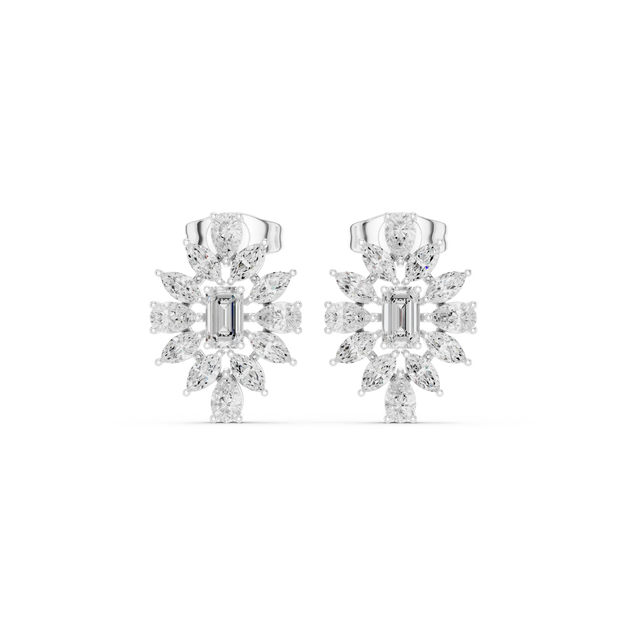 Pair Shot: Radiant Diamond Earrings with Halo Setting in 14k White Gold - Lab Grown - Driona Jewels