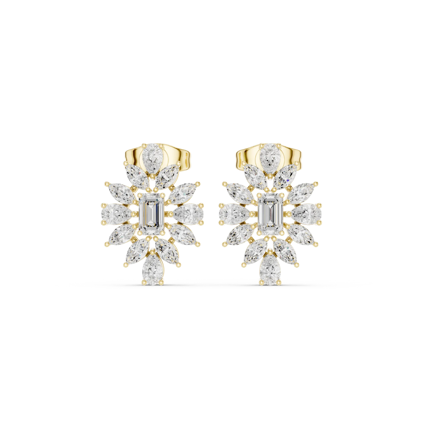 Pair-Shot: Radiant Diamond Earrings with Halo Setting in 14k Yellow Gold - Lab Grown - Driona Jewels