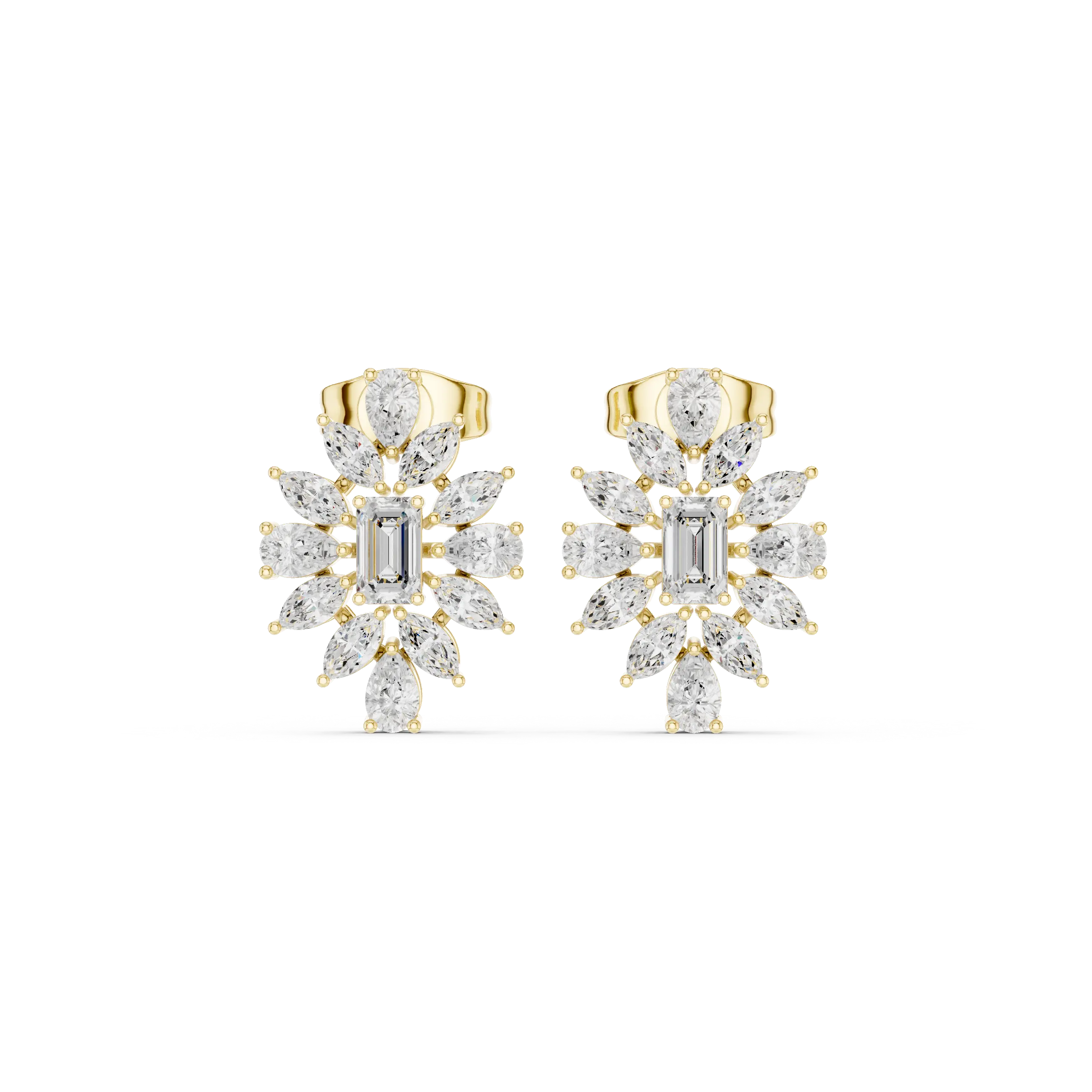 Pair-Shot: Radiant Diamond Earrings with Halo Setting in 14k Yellow Gold - Lab Grown - Driona Jewels