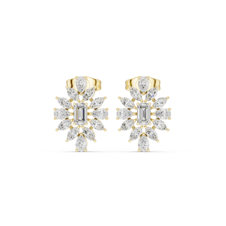 Pair-Shot: Radiant Diamond Earrings with Halo Setting in 14k Yellow Gold - Lab Grown - Driona Jewels