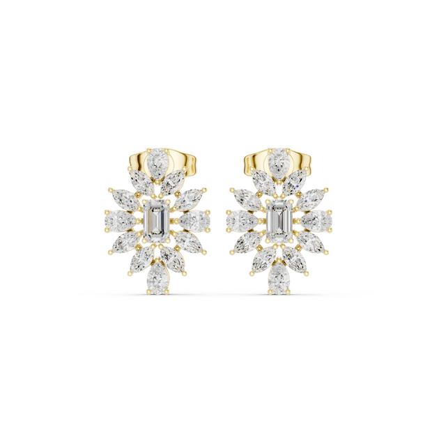 Pair-Shot: Radiant Diamond Earrings with Halo Setting in 14k Yellow Gold - Lab Grown - Driona Jewels