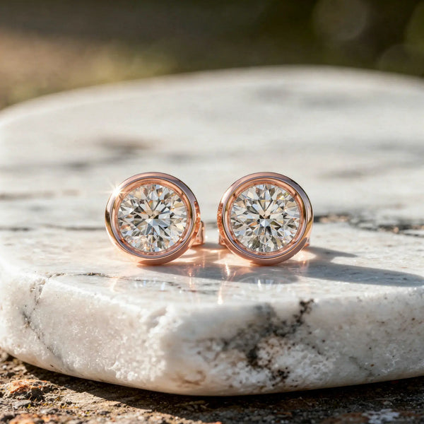 Pair Shot: Round Diamond Studs with Bezel Setting in 14k Rose Gold - Lab Grown - Driona Jewels